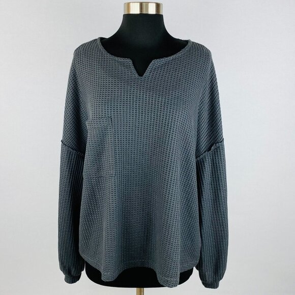 Shein Womens 12 Gray Long Sleeve Pocketed Split Neckline Textured Top - Picture 1 of 7